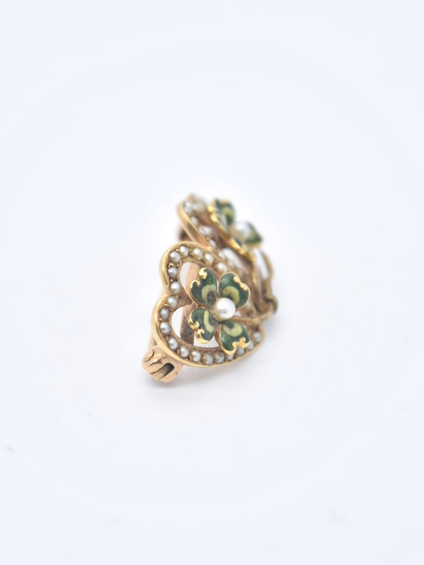 Art Nouveau 14K Gold Krementz & Co. Double Heart and Enameled Clover Seed Pearl Brooch