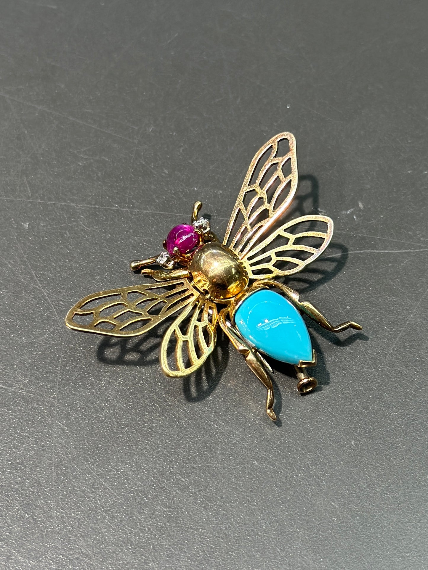 Vintage 18K Gold Articulate Turquoise and Ruby Bug Brooch