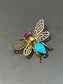 Vintage 18K Gold Articulate Turquoise and Ruby Bug Brooch