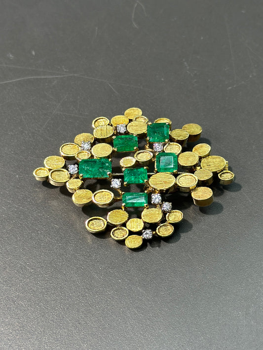 Vintage H. Stern 18K Gold Modernist Emerald and Diamond Brooch