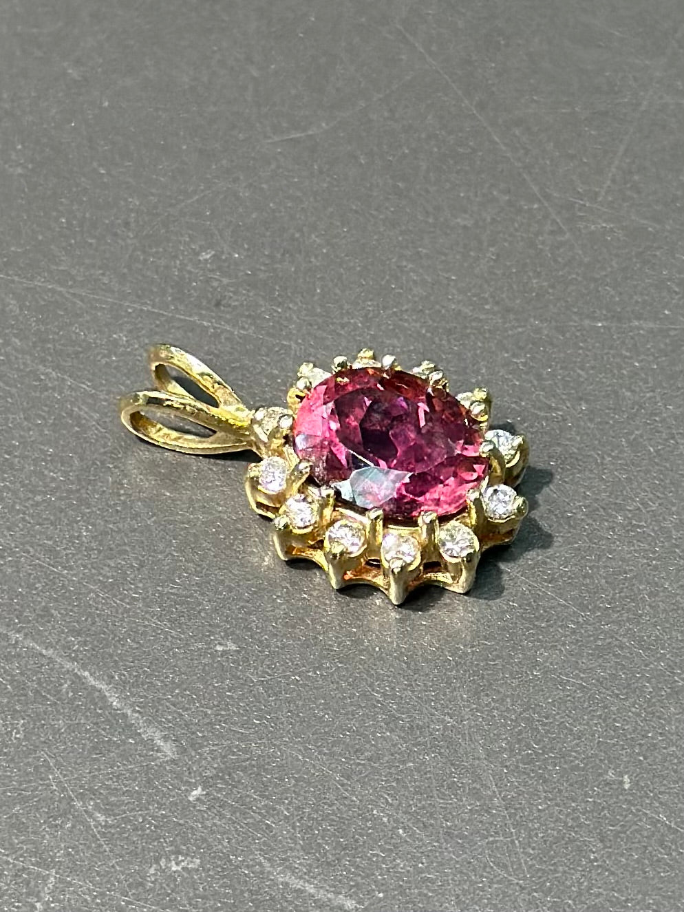 Vintage 14K Gold Tourmaline Diamond Halo Pendant