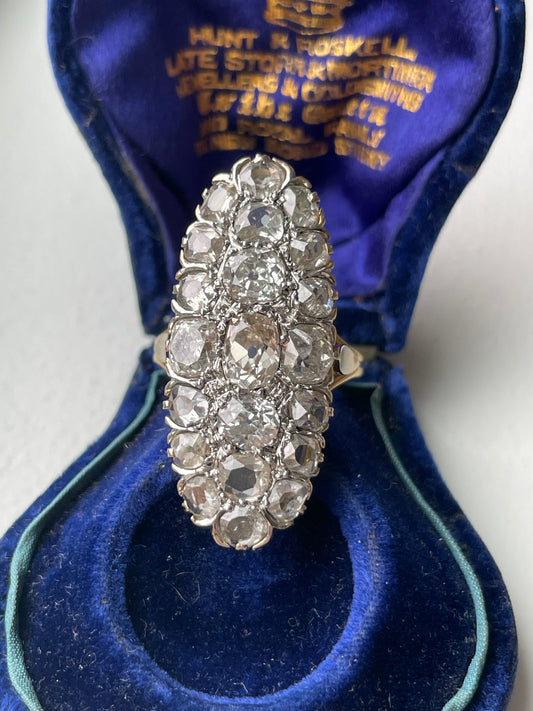 Antique French 18K Yellow Gold 6.5 CTW Old Mine Cut Diamond Oval Cluster Statement Ring