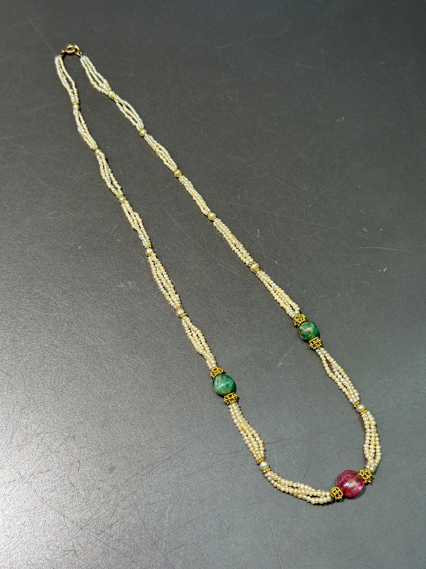 Antique Multi-Strand Natural Saltwater Pearl Emerald Ruby Necklace