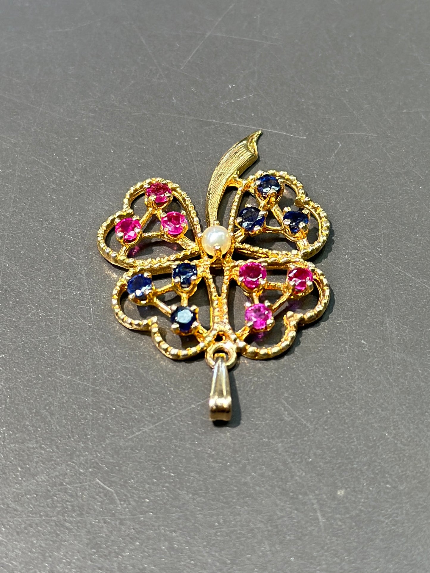 Vintage 14K Gold Ruby Sapphire Four Leaf Clover Pendant