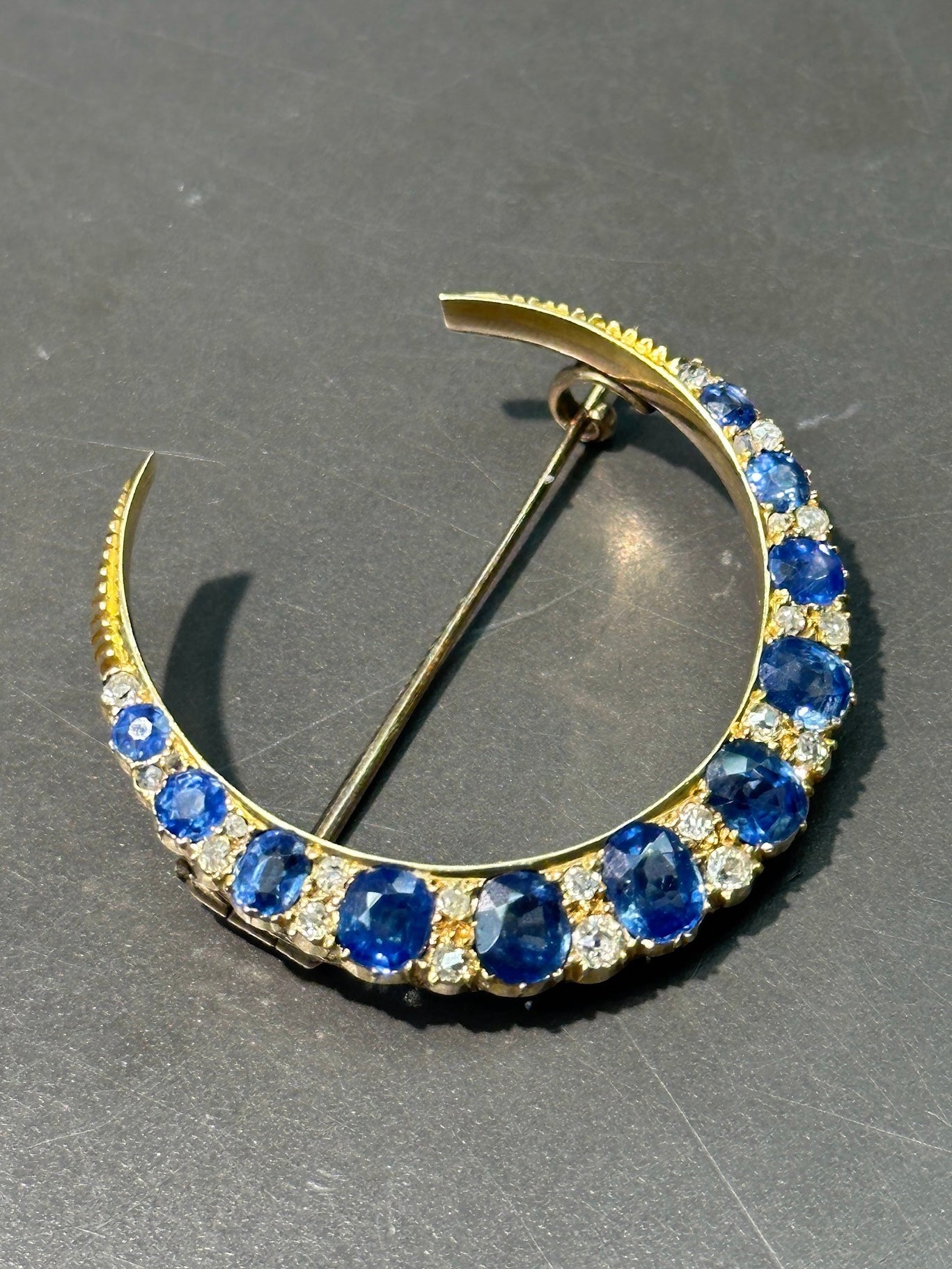 Antique 14K Gold Natural Unheated Sapphire Diamond Crescent Brooch