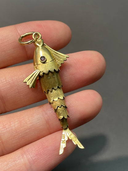 Vintage 18K Yellow Gold Ruby Articulated Fish Pendant