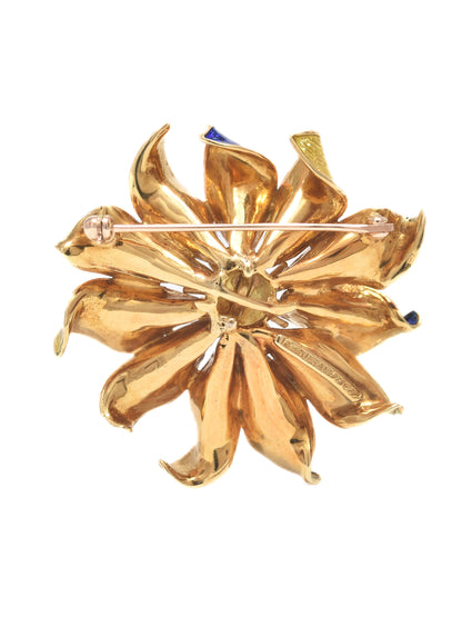 Tiffany & Co. 18K Gold Enamel Diamond Flower Brooch