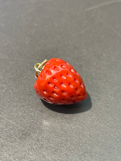 18K Gold Large Coral Carved Strawberry Charm