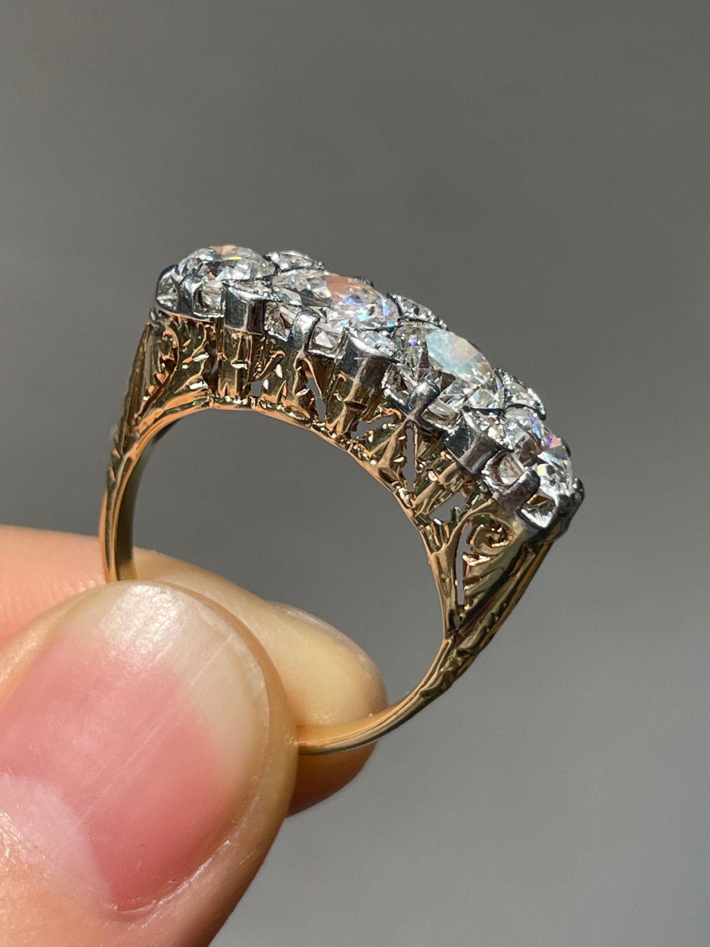 Antique 18K Yellow Gold Topped Platinum 2.62 CTW Four Stone Diamond Ring