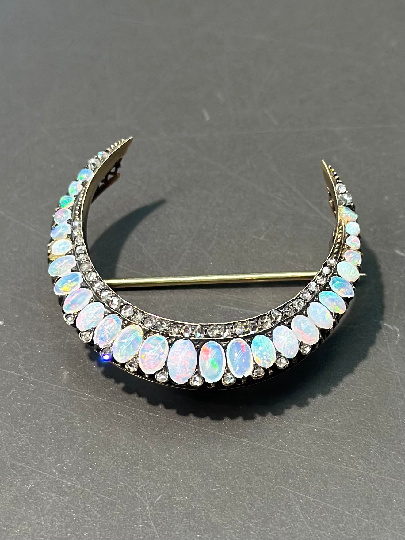 Victorian 14K Gold Opal Diamond Crescent Brooch