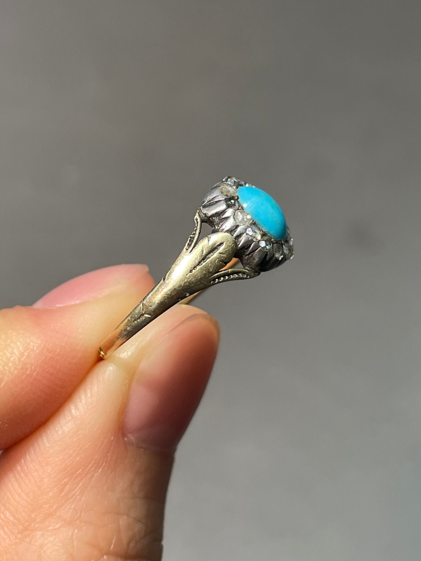 Antique French 18K Yellow Gold Turquoise Diamond Halo Ring