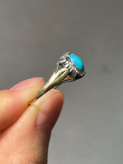 Antique French 18K Yellow Gold Turquoise Diamond Halo Ring