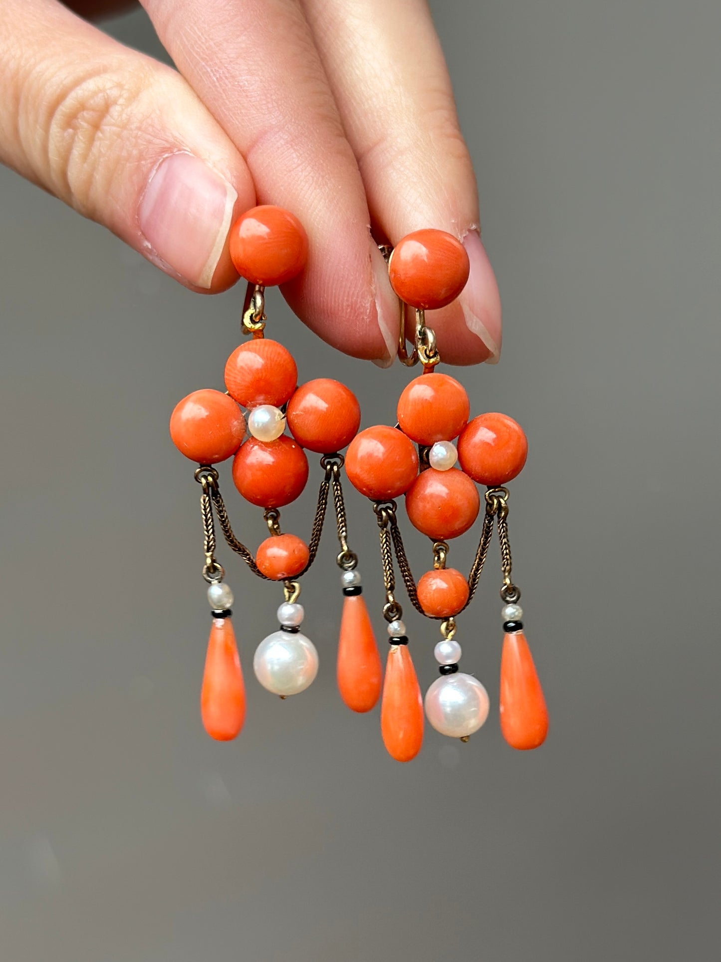 Victorian 14K Gold Coral and Pearl Chandelier Earring