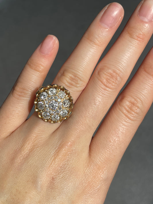 Antique 14K Yellow Gold 3.0 CTW Diamond Enamel Cluster Ring