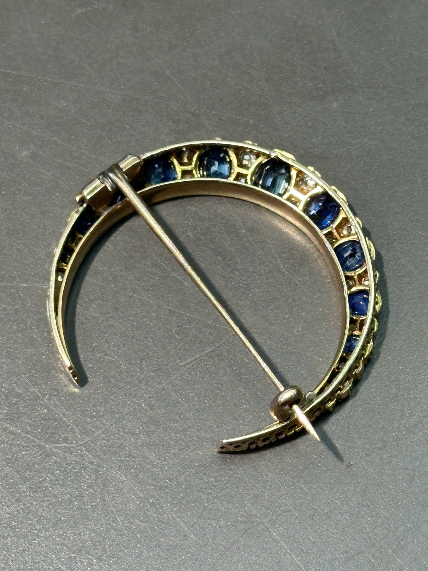 Antique 14K Gold Natural Unheated Sapphire Diamond Crescent Brooch