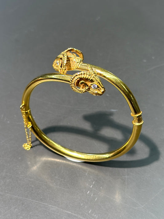 Vintage 14K Gold Diamond Ram Bangle Bracelet