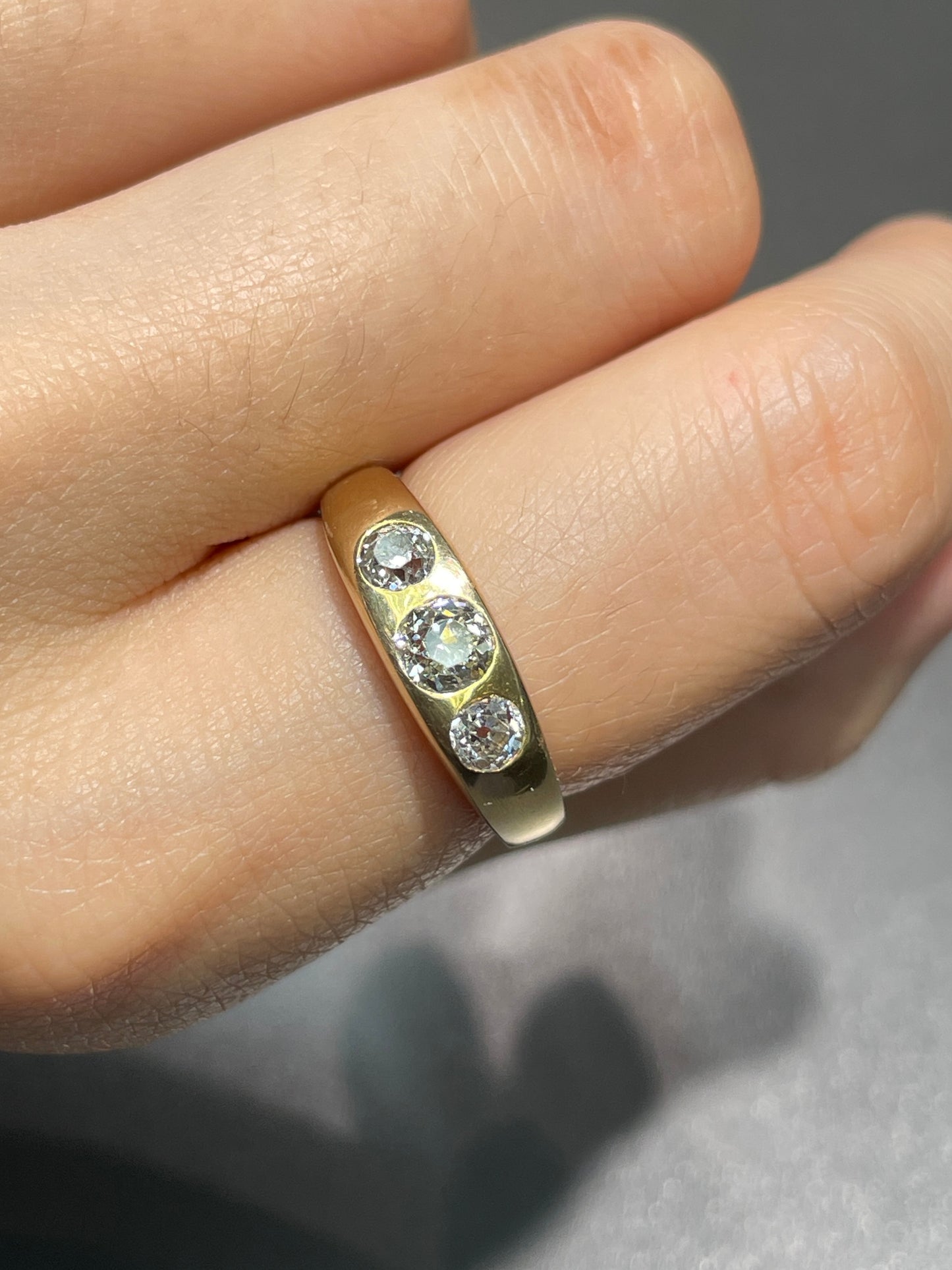 [ON HOLD] Antique 14K Gold Three Stone Old Mine Cut Diamond Gypsy Ring