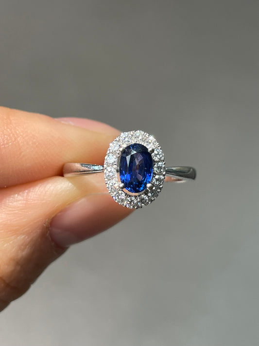 14K White Gold 0.8 CTW Sapphire Diamond Halo Ring