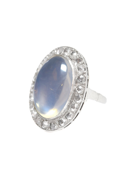 Edwardian 14K White Gold 13.2 CTW Ceylon Moonstone Rose Cut Diamond Halo Ring