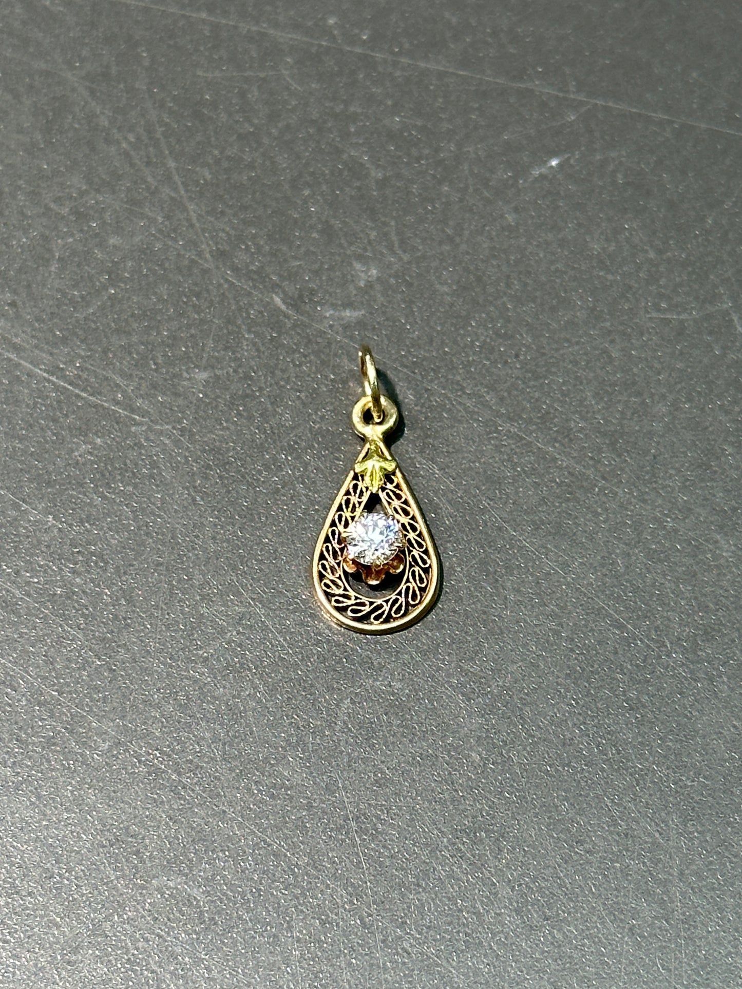 Art Deco 14K Gold Diamond Filigree Drop Shape Charm