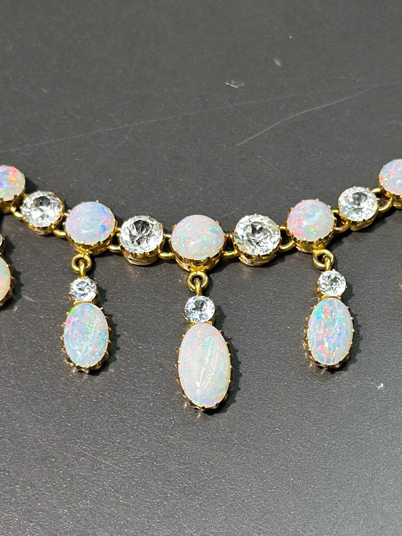 Victorian 15K Gold Opal Sapphire Fringe Necklace