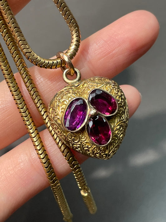 Antique Victorian 14K Yellow Gold Rhodolite Garnet Puffy Heart Pendant
