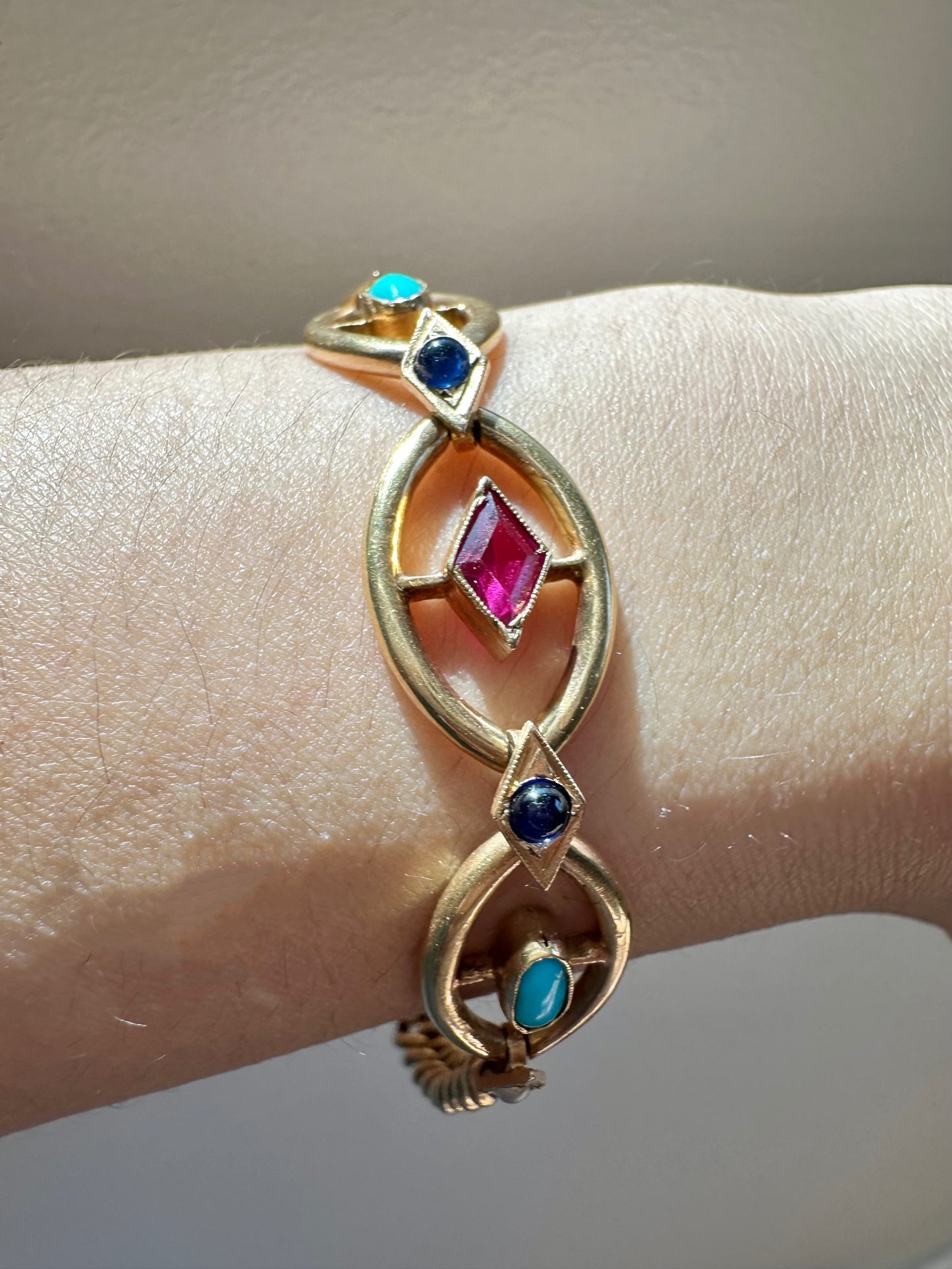 Edwardian 18K Gold Ruby Sapphire Turquoise Pearl Curb Link Bracelet