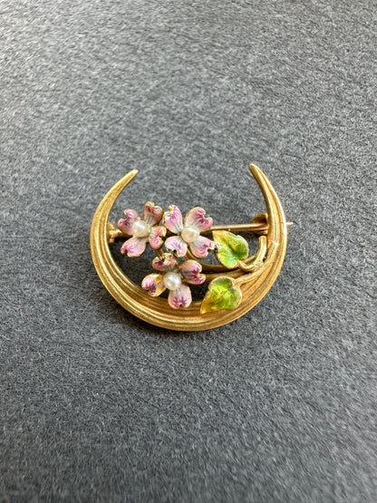 复古 14K 金 Krementz and Co. 粉红珐琅花朵新月花卉胸针