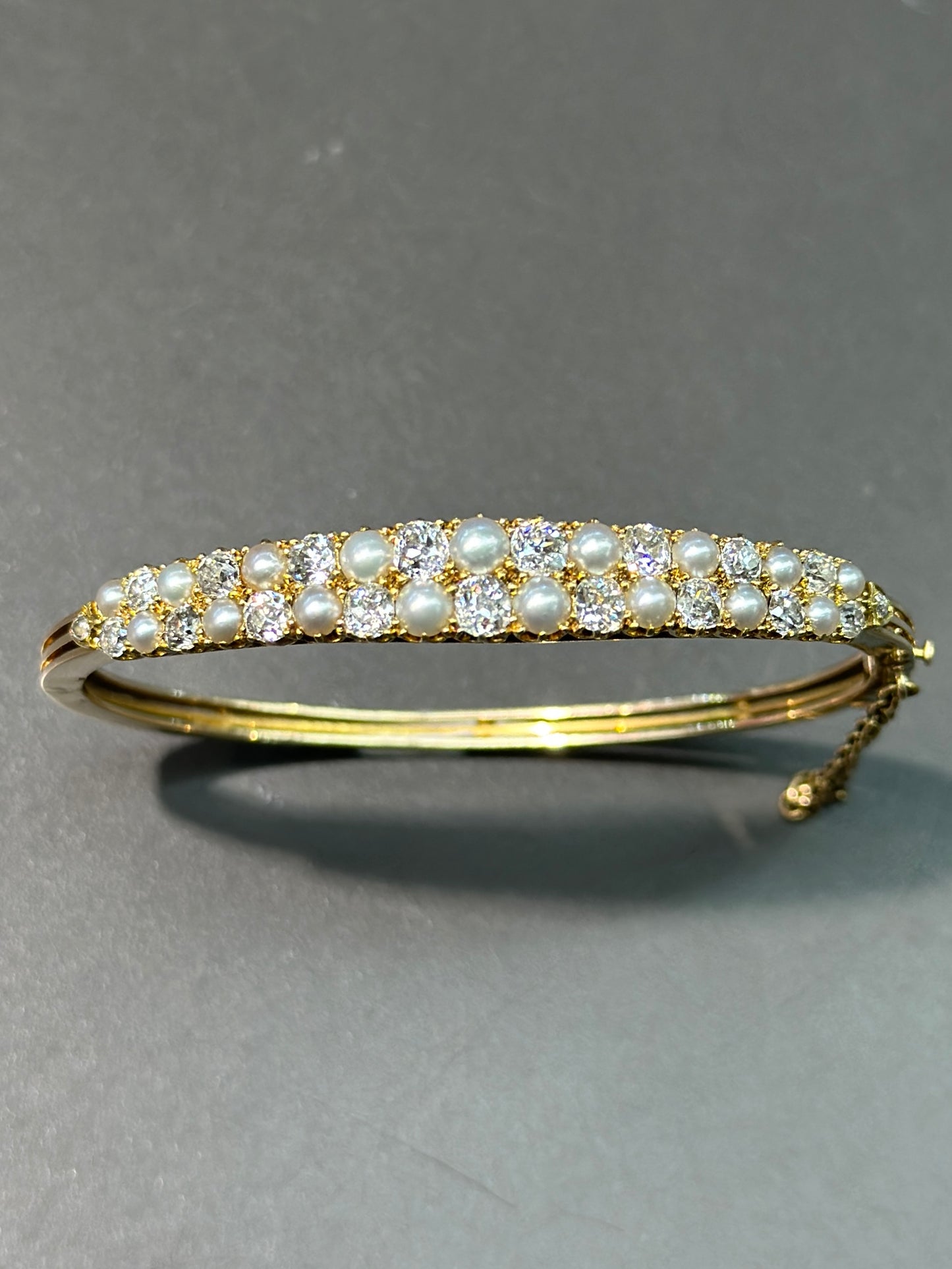 Victorian 15K Gold Natural Saltwater Pearl and Diamond Bangle