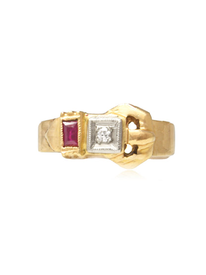 Vintage 14K Gold Diamond Ruby Buckle Belt Ring