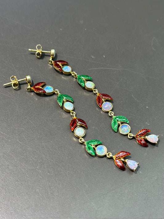 18K Gold Enamel Opal Drop Earring