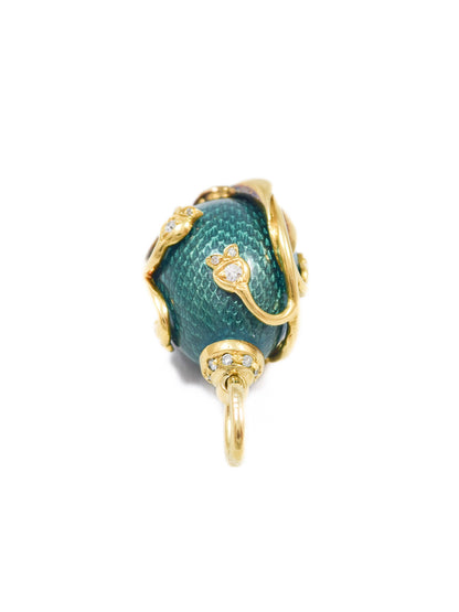 Vintage 18K Gold Diamond Lily of the Valley Guilloche Enamel Egg Pendant