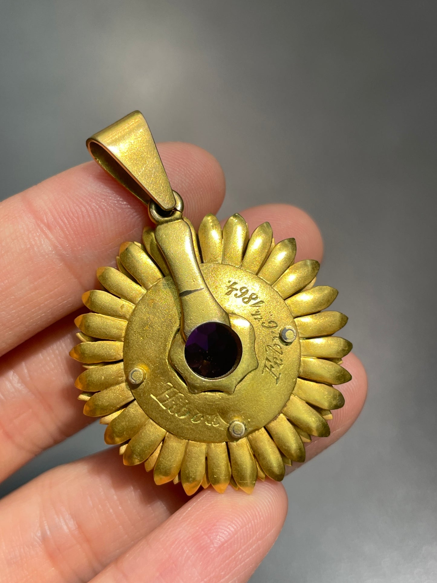 Victorian 18K Gold Amethyst White Enamel Flower Pendant
