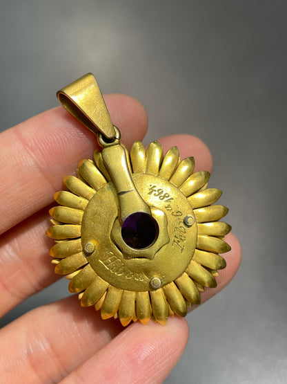 Victorian 18K Gold Amethyst White Enamel Flower Pendant
