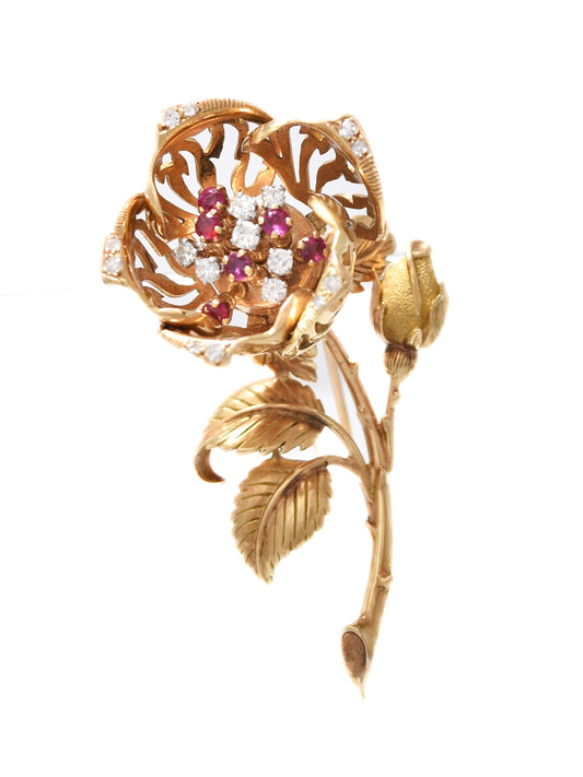French 18K Gold Ruby Diamond En Tremblant Flower Brooch