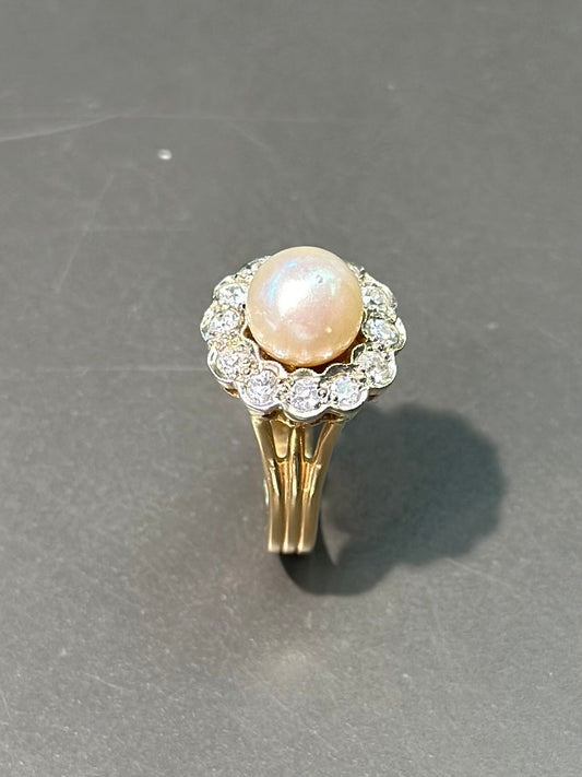 复古 14K 金珍珠钻石光环戒指