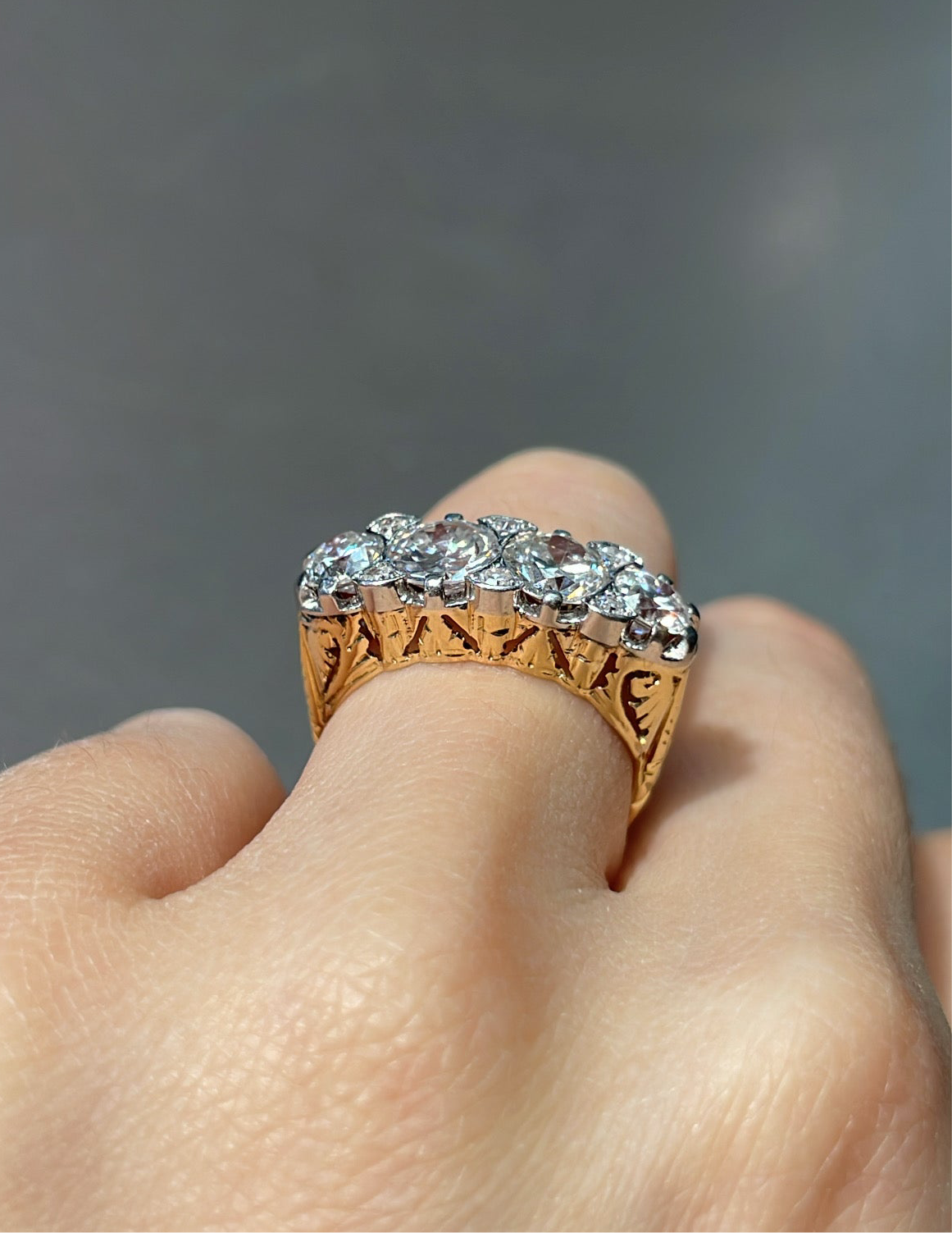 Antique 18K Yellow Gold Topped Platinum 2.62 CTW Four Stone Diamond Ring