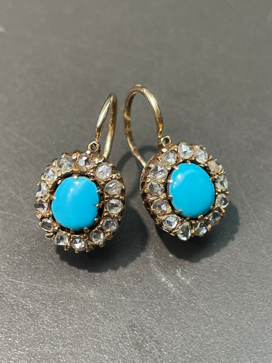 Victorian 14K Yellow Gold Persian Turquoise 0.91 CTW Diamond Halo Dormeuse Earring