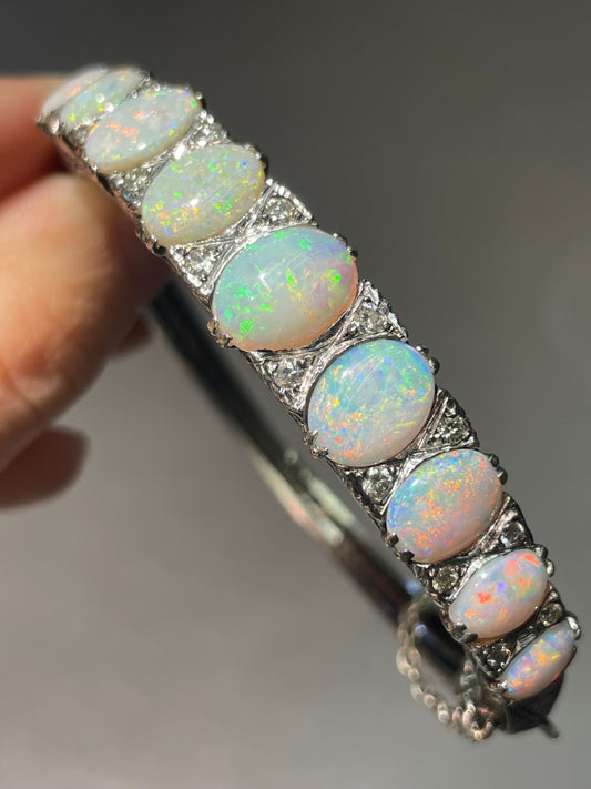 Antique Palladium Natural Opal Diamond Bracelet Bangle