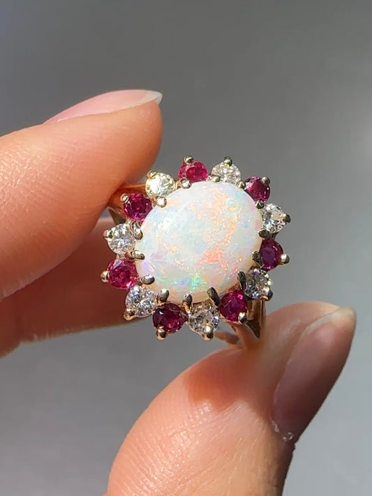 14K Yellow Gold Opal Ruby Diamond Halo Ring