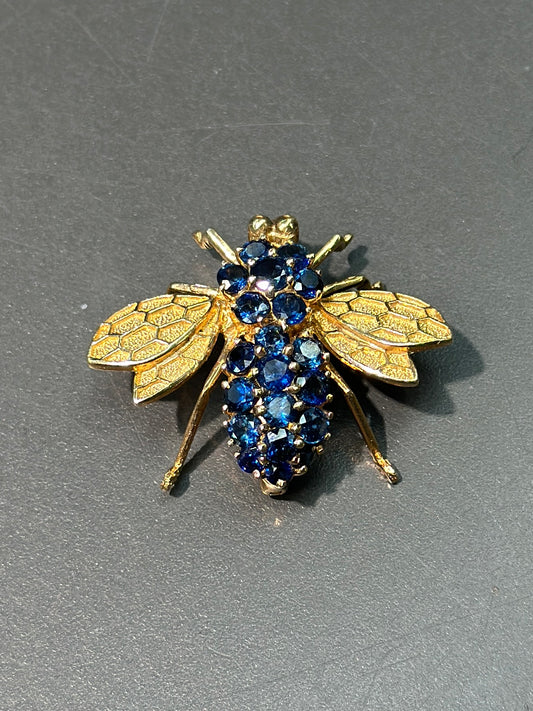 Vintage Large 14K Gold Sapphire Bee Pendant Brooch