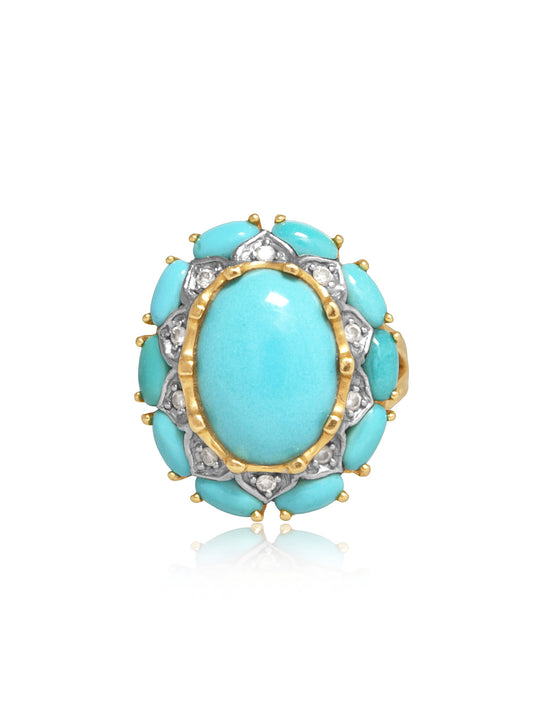 Vintage 14K Gold Turquoise Diamond Cluster Halo Ring