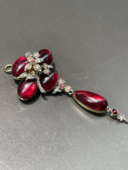 Antique Victorian 14K Gold Silver Diamond Garnet Pendant Brooch