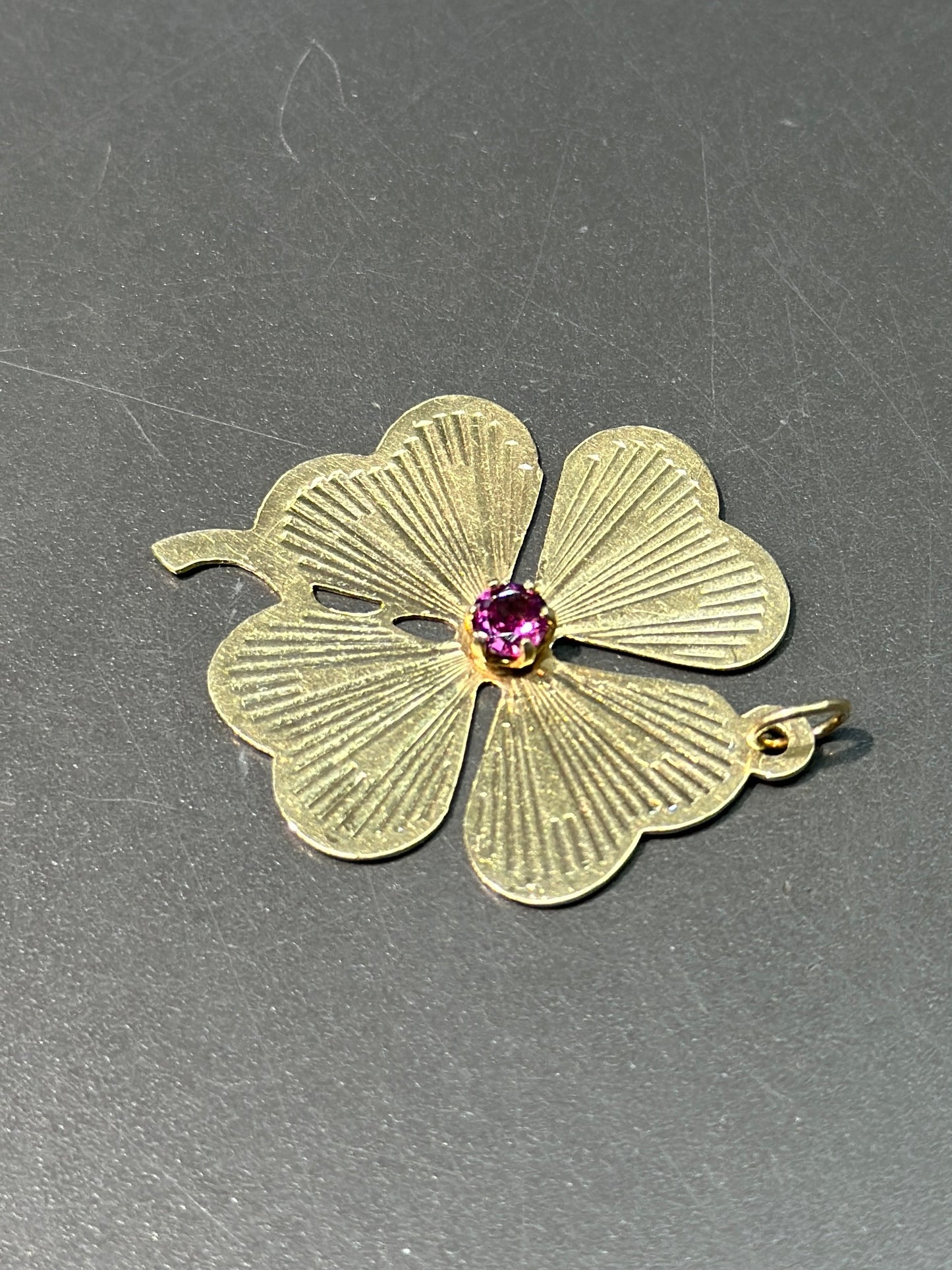 Vintage 14K Gold Tourmaline Engine Turned Lucky Clover Charm