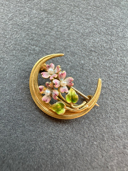 复古 14K 金 Krementz and Co. 粉红珐琅花朵新月花卉胸针