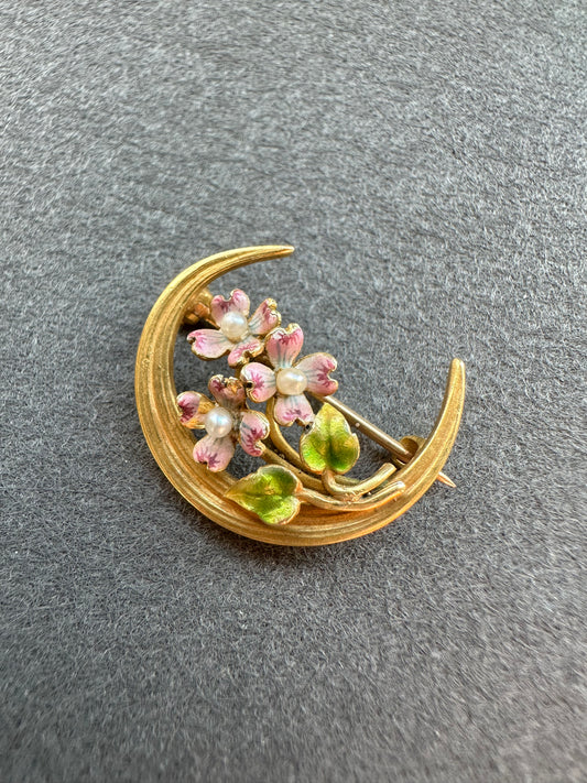 Vintage 14K Gold Krementz and Co. Pink Enamel Flower Crescent Floral Brooch