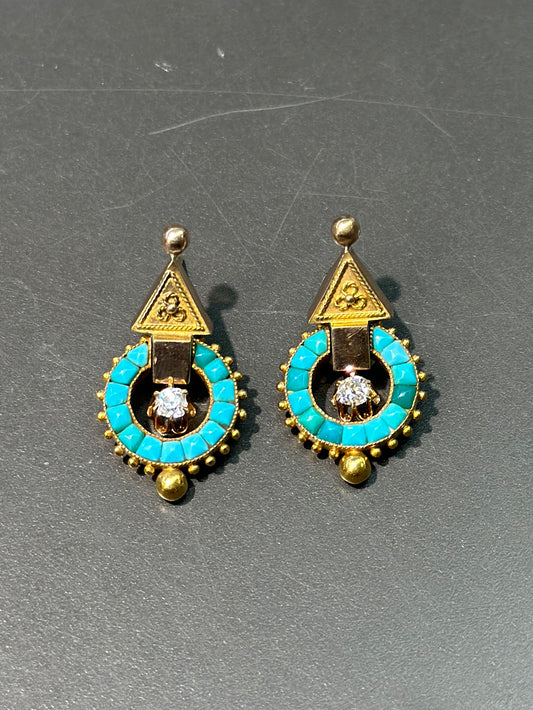 Victorian Etruscan 18K Gold Turquoise Diamond Drop Earrings