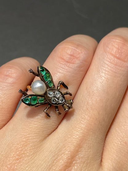 Antique 14K Yellow Gold Emerald Ruby Diamond Bug Ring