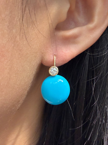 14K Gold Sleeping Beauty Turquoise Diamond Bezel Drop Earring