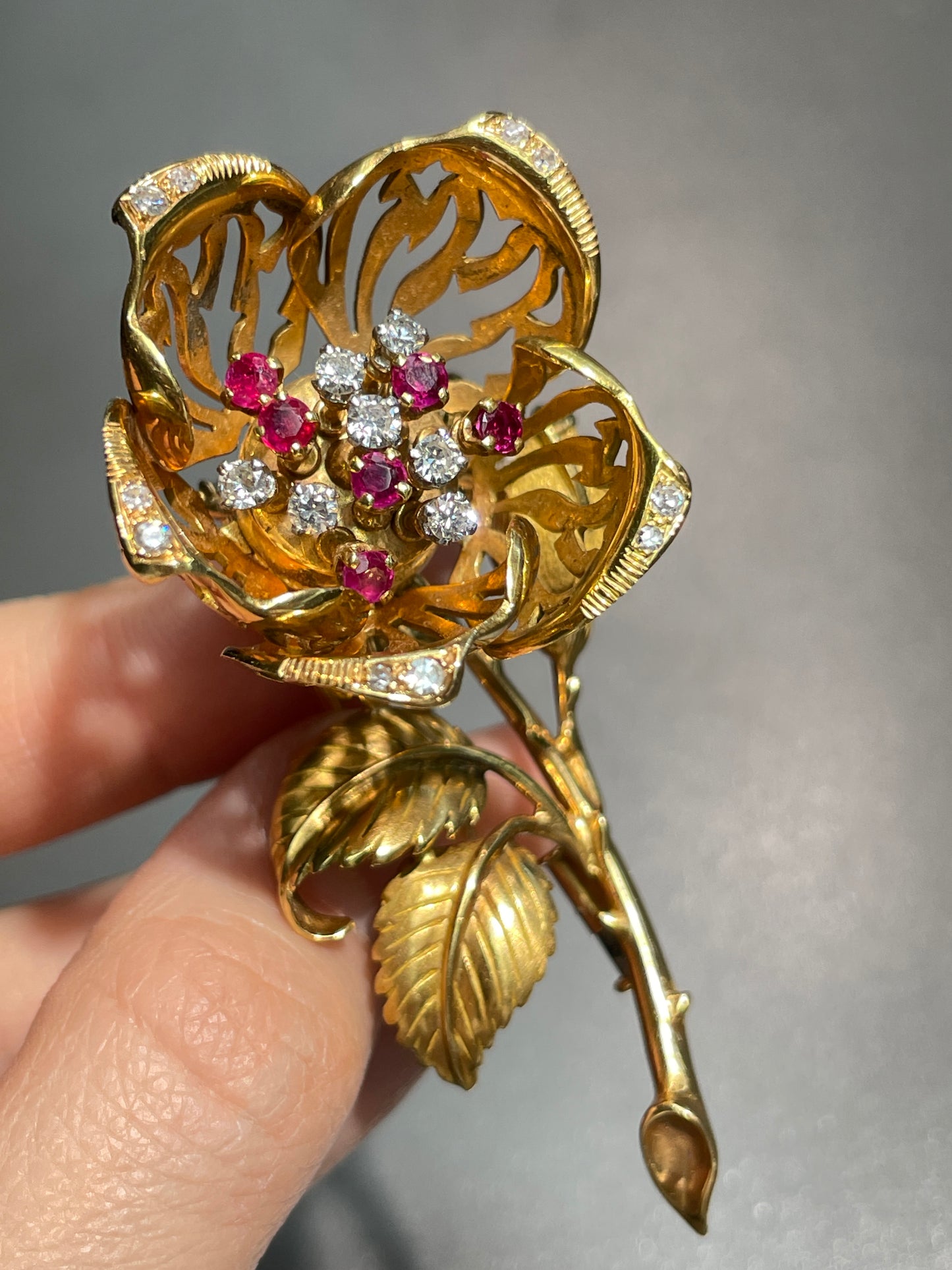 French 18K Gold Ruby Diamond En Tremblant Flower Brooch